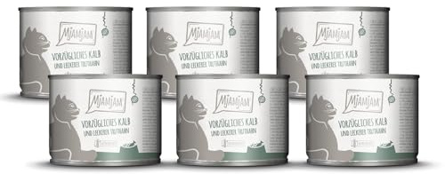 MjAMjAM - cibo umido premium per gatti - ottimo vitello e tacchino con deliziose carote, confezione da 6 (6 x 200 g), senza cereali con carne extra