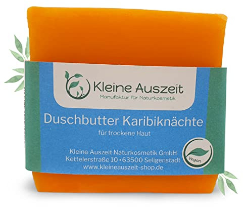 Kleine Auszeit Manufaktur, Duschbutter Karibiknächte, reichhaltige Körperseife für trockene Haut, vegan, palmölfrei und plastikfrei, 90 g