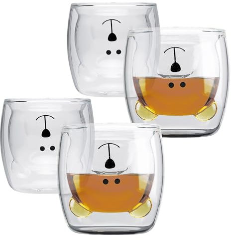 INTIRILIFE 4X Doppelwandiges Thermo Glas Set in 230 ml im Bären Design - Mundgeblasen isoliert für Latte Macchiato, als Teeglas oder Kaffeeglas ohne Henkel