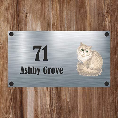 Cat Collection - Fluffy Cat Aluminium House Sign Personalised With Your House Name/Number & Street Name