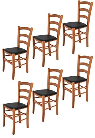 Tommychairs - 6er Set Stühle VENICE für Küche und Esszimmer, robuste Struktur aus lackiertem Buchenholz im Farbton Kirschholz und gepolsterte Sitzfläche mit KUNSTLEDER in der Farbe Schwarz bezogen