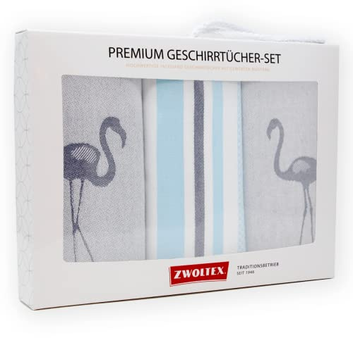 ZWOLTEX Geschirrtücher Geschenkset aus 100% Baumwolle I Made IN EU I Oeko-TEX® 100 I Gewebte Geschirrhandtücher - Küchentücher 70x50 (Geschenkset (3X Küchentuch), Flamingo (Hellblau))
