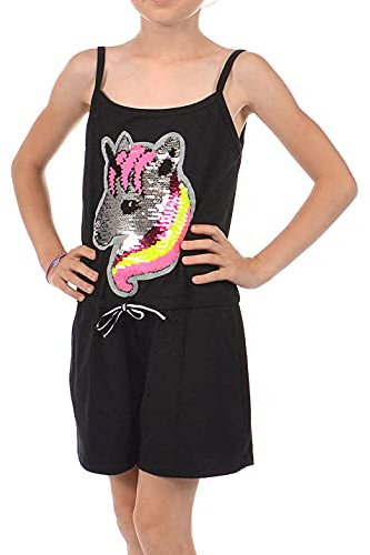 KMISSO Mädchen Jumpsuit Wende Pailletten Einhorn-Motiv Schwarz 140