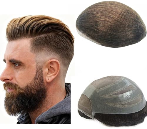 NLW Echthaar Toupet Männer Schweizer Spitze kombiniert mit PU haarsystem mann Echthaar natürlicher Haaransatz Herren Echthaar perücke 110% Dichte Basis 10 * 8 Zoll (#4 hellbraun)