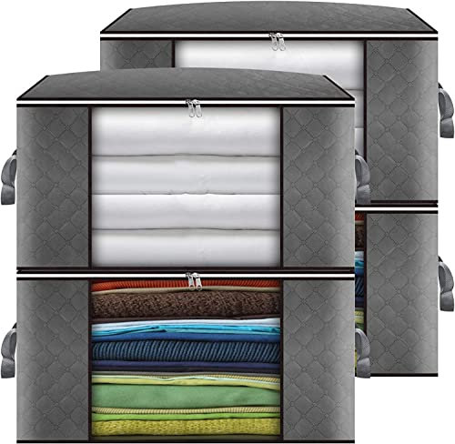 Cleaneaty Clothes Storage Bag 4Pack 90L Large Capacity Solution Organizer for Clothes, Duvets, Comforters, Blankets, Bedding with Zip and Clear Window Reinforced Handle Thick and Breathable