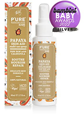 P'URE PAPAYA CARE Baby Skin Aid Mehrzweck-Spray, 80 ml, vegan und tierversuchsfrei, Windelausschlag, Pflege nach der Sonne, beruhigt gereizte Haut für Babys, Sheabutter und Kamille, Babypflege