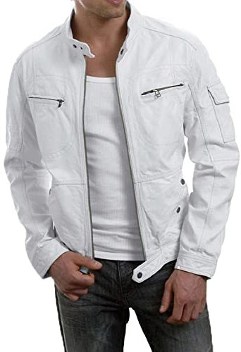 HiFacon Herren Weiß Echt Leder Jacken Vintage Motorrad Lammfell Lederjacke Männer, Weiß – Kunstleder, XS