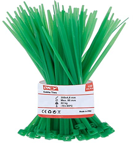 REY 100x Paquete Bridas Cables de Malla Reforzada 4,8 x 300mm, Protección Rayos UV, Verde