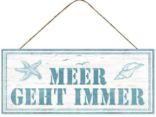 Schild 'Meer geht Immer', blau/weiß, Muschel/Seestern, ca. 30,5 x 13 cm H Metall mit Jutehänger