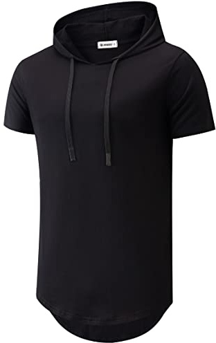 KLIEGOU Men's Hooded T-Shirt 190GSM 100% Cotton Soft Streetwear Longline Tee - Breathable Hip Hop Pullover - Pre-Shrunk 06 Black L