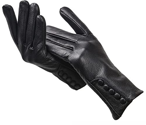 Hochwertige Echtlederhandschuhe für Damen, warme Damen-Lederhandschuhe, seitliche Schnalle, echtes Leder, Fäustlinge für Damen, Winter-2207 Touchscreen-Handschuhe 8,5