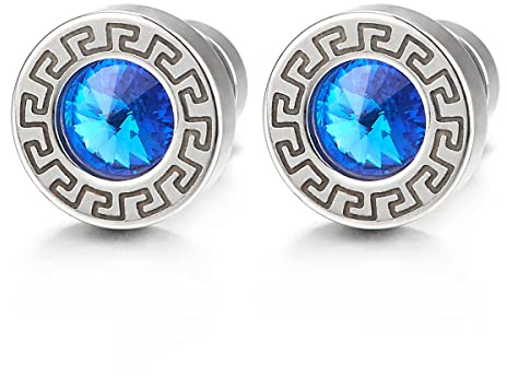 Pendientes de Hombre Mujer, Acero Aretes con 5MM Azul Circonita y Modelo Dominante Griego, Cierre Tornillo, 2 piezas