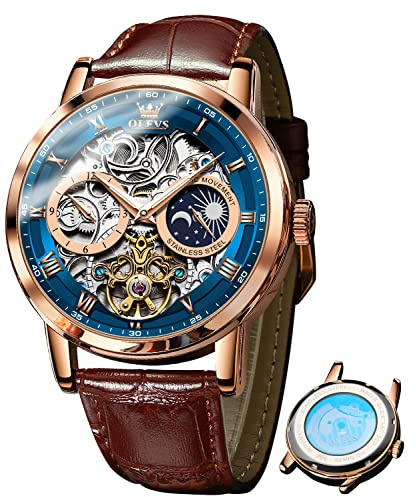 OLEVS Skeleton Watches for Mens Automatic Mechanical Self Winding Tourbillon Leather Strap Luxury Dress Moon Phase Wrist Watches Waterproof Luminous Brown&Blue