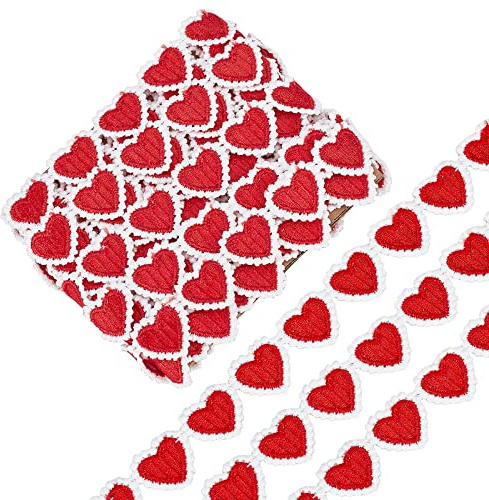 GORGECRAFT 5 Yards 23 mm Rotes Herz-Spitzenband Herzförmiges Besticktes Gewebtes Band Weiße Bordüre Applikation Für Heimwerker Nähen Basteln Kleidung Vorhang Rock Taschen Bilderrahmen Verzierungen