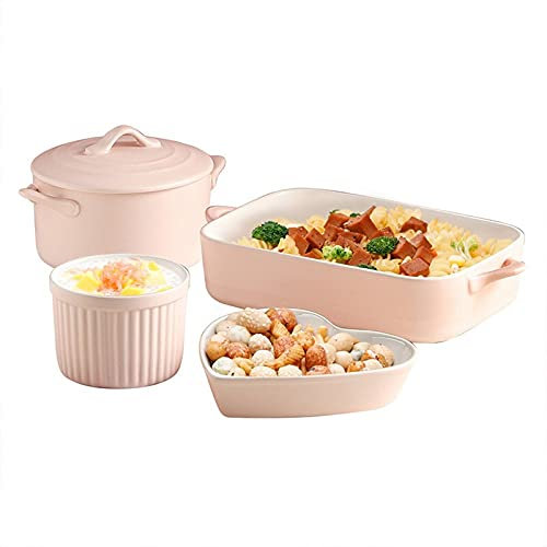 LUCBEI Lasagnera Set di bakeware a 4 Pezzi, Set for la Cottura for Cucinare, Cucina, Regali, Ceramica Rettangolare Antiaderente casseruola e Porcellana ramekins, Rosa Teglie da Forno
