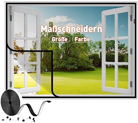 MAGZO Anpassend Fliegengitter Fenster Ohne Magnetöffnung Breite 100-130 cm, DIY Fiberglasgewebe Fliegennetz Fenster Mückengitter, Fliegengittertür ohne Magnetverschluss