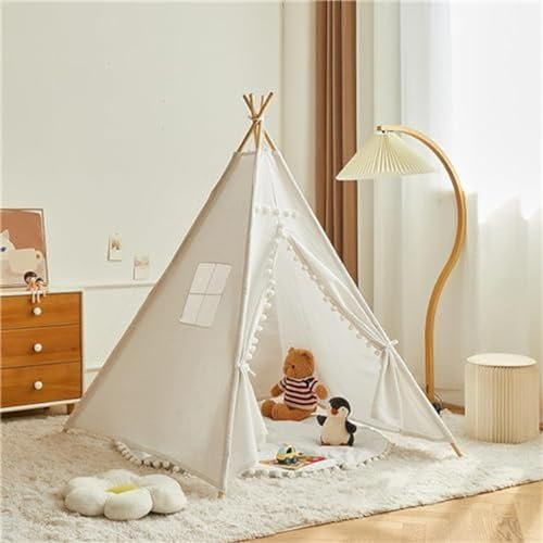 Herfair Tipi Zelt für Kinder Spielzelt mit Filzkugel Indoor Spielhaus Mehrere Farben Segeltuch Tipizelt Lesezelt&Spielzimmer Babyzimmer Deko für Kleinkinder 3-6 Jahre (Weiß,1.35 m)