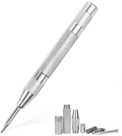 Huakaile Metal Automatic Center Punch for Metal Heavy Duty, Adjustable 5.1 Inch Spring Loaded Center Punch, Fixed Point Auto Drill Punch Tool for Steel Wood Window Glass Break (Silver)