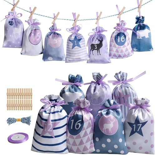 Adventskalender zum Befüllen, 24 stoffsäckchen Kette Groß (12x21,5cm) zum selber Basteln und Aufhängen, 2025 Weihnachtskalender Zum Selberfüllen mit Lila Säckchen für Kinder Mädchen Frauen