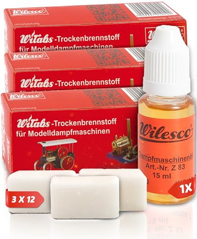 Wilesco WiTabs Trockenbrennstoff und Dampfmaschinenöl, 3 Tabletten, 15 ml