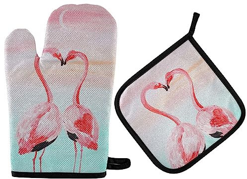 Vikeiac Ofenhandschuhe und Topflappen-Set, 2-teilig, hitzebeständig, rutschfest, waschbar, Küche, Ofenhandschuh zum Kochen, Backen, Grillen, Bemalen von rosa Flamingos