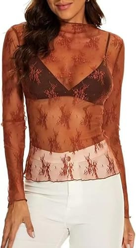 Haibang Långärmad skjorta för dam sexig topp spets blommönster transparent nätblus smal passform hög krage crop top genomskinlig mesh t-shirt elegant blus kvällsblus, karamell, M