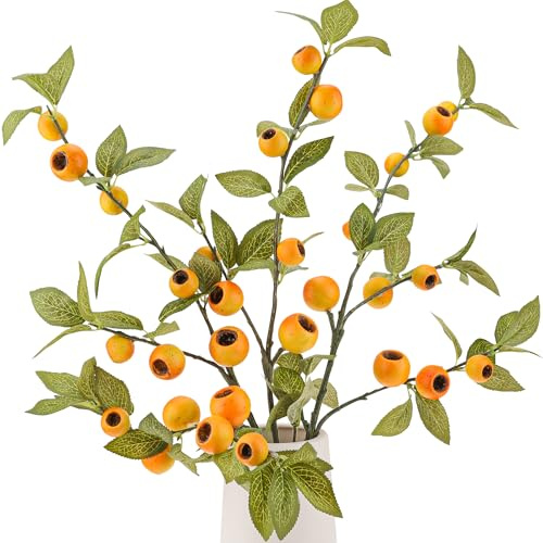 Funzhan 3 Stück Künstliche Gelbe Früchte Stiele Deko 84 cm Falsche Mehrkopf Fruchtzweige Girlande Kunst Granatapfel Weißdorn Weihnachtsdeko Realistische Beerenblatt Zweige für Innenraum