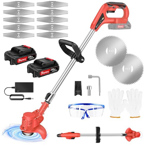 4 in 1 Cordless Grass Trimmer, Electric Cordless Brush Cutter with Telescopic Pole, Adjustable Handle Cordless Lawn Trimmer with 21 Accessories Weed Wacker for Garden/Trees/Lawn Cutting (2x2000mAh)