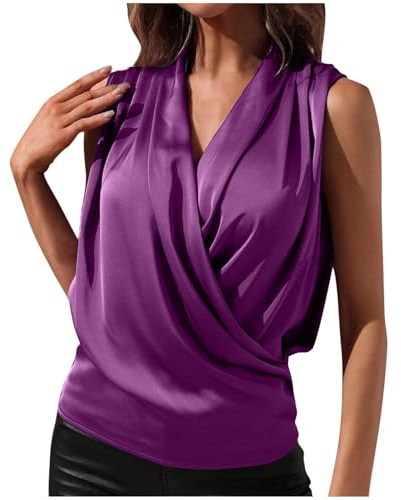 Damen Satin Tank Top Ärmellose Blusentops Basic Cami Lässiges V-Ausschnitt Satinbluse Elegant Oberteile Casual Tanktops Einfarbig Sommer Weste Shirt Lässige Weste V-Ausschnitt Oberteile Shirt