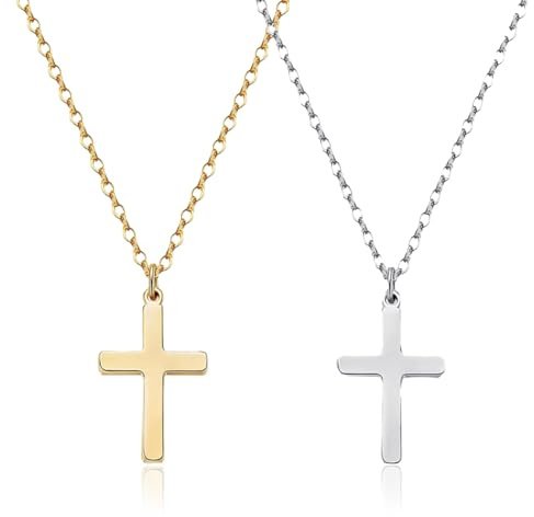 JCGJC Small Cross Necklace Men,2Pcs Gold/Silver Cross Necklace Pendant Necklaces for Men Boys for Birthdays,Christmas,Easter,Thanksgiving