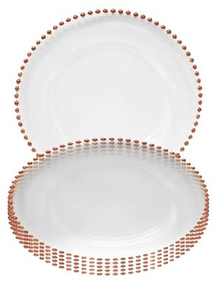 Stylish Clear Glass Charger Plate with a Rose Gold Beaded Border—33cm Decorative Tableware Perfect for Weddings, Birthday Parties, Catering Events, Bridal Showers, and Bachelorette – 6 Pcs