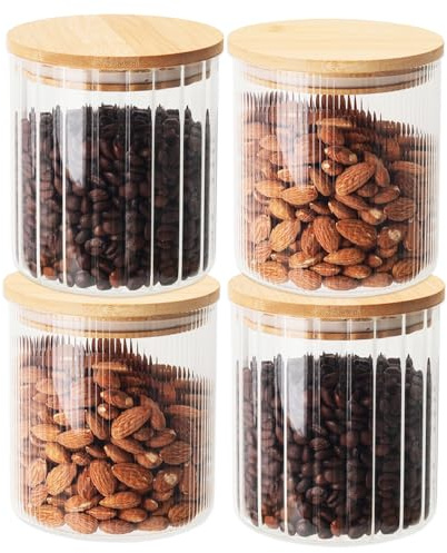 Ma Maison Set 4 Barattoli in Vetro 11x12h cm, Coperchio in Legno Chiusura Ermetica - Biscotti, Frutta Secca, Pasta, Sottaceti, Cucina, Dispensa, Zucchero, Cereali - Contenitore Assortito