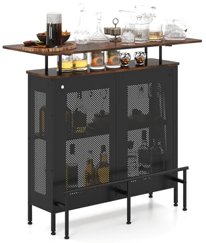 GIANTEX Mesa de bar de cocina, barra de bar con espacio de almacenamiento, encimera de cocina con reposapiés, armario de bar de cocina, mesa de bar vintage, marco de metal, estantería de cocina con