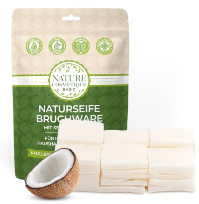 Nature Cosmétique® Basic Naturseife Bruchseife KOKOS mit Seifensäckchen (duftfrei) – BIO-Seife fest, vegan, palmölfrei, plastikfrei, hautschonende Handseife & Duschseife – Naturseife Männer/Damen