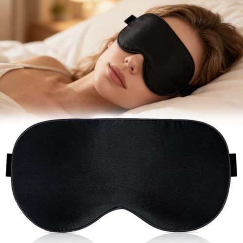 Sleep Mask de Seda, Cómodo y Transpirable,Máscara de Sueño Ultra Suave Anti-Luz, Ideal para Viajes y Siestas, Para Descanso Profundo,Ajustable para Mujer/Hombre(Negro)