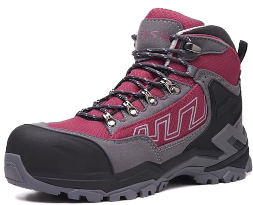 KOIFISH Botas de Seguridad para Mujer S3 Impermeable Botas de Trabajo Punta Compuesta Antideslizante Antiestático Calzado de seguridad de Caña Alta Rojo 39