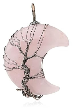 Collier Pendentif Arbre De Vie Enroulé En Fil De Fer Reiki Croissant De Lune Pendentif Énergie Cristal Bijoux Spirituels Fait Main Pierres Précieuses Naturelles Pour Femmes Quartz Rose Chaîne En