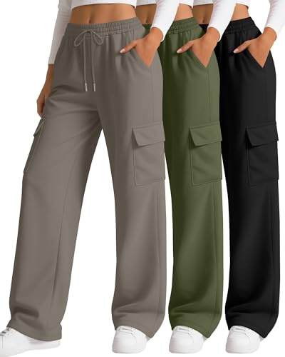 Neer 3 Pack Pantalones Cargo Deportivos para Mujer, Pantalones Holgados de Pierna Ancha, Joggers Casuales con 4 Bolsillos(Negro, Verde Militar, Café,S)