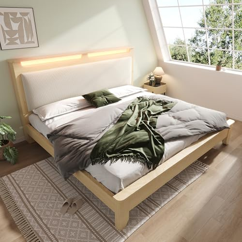 Doppelbett Kopfteil mit Stauraum LED-Beleuchtung Familienbett Cordpolster-Rückenlehne Jugendbett Bettrahmen mit Holzlatten Gästebett Ohne Matratze Holzfarbe 140x200 cm
