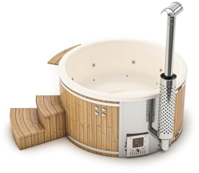 FinnTherm Holz Badefass Stockholm aus Thermoholz, Hot Tub Ø 180 cm, in Cremeweiß, 8 Personen, inkl. Edelstahl-Ofen (30 kW), Schwimmbecken, Badebottich, Sprudelbad