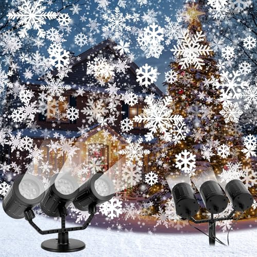 Charmofun Projecteur de Noel Exterieur, 3 Têtes Projecteur de Flocons de Neige Dynamique IP44 Étanche, Temporisé, Déco Lumineuse Noël pour Intérieur, Extérieur, Noël, Mariage, Fête (Snow)