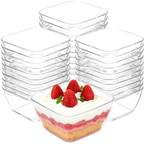LoNinLoAn 30 Pack Plastic Dessert Cups, 70ML Reusable Square Dessert Pots, Clear Hard Plastic Mini Dessert Pots, Cheesecake Pots for Pudding Jelly Mousse Ice Cream