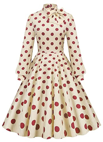 Kleid Damen Elegant 50er 60er Jahre Outfit Retro Hepburn Audrey Swingkleid Rockabilly Kleider 50er Jahre Vintage Kurzarm Krawatte Polka Dot Blumen Swing Knielang Coctailkleid mit Gürtel