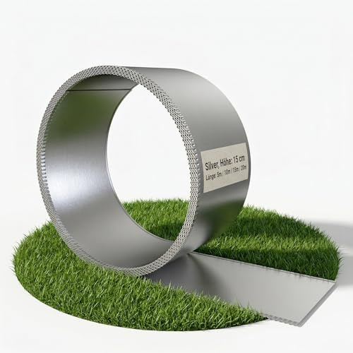 Suusolny Metall Verzinkte Rasenkanten 15 cm Hohe,Stabil & Wartungsfrei,Für Beete, Wege & Grundstücksbegrenzungen,Mit Verbindungsteilen - Länge: 10 m, Silber