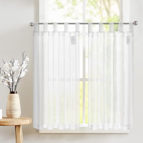TOPICK Scheibengardinen mit Schlaufen Bistrogardine 2er Set H90xB65 Weiß | Lichtdurchlässig Küchenvorhänge modern Kurzgardine Küchfenster Wohnzimmer landhausstil küchengardinen fenstergardinen Küche
