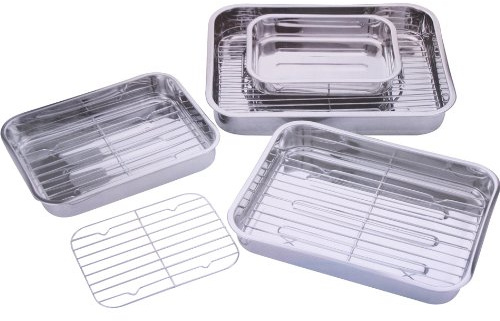 NEW 4PCS Stainless Steel Roasting Tray Oven PAN Dish Baking Roaster TIN Grill Rack | Stainless Steel Roasting Trays with Removable Rack | Long Lasting Strong Quality