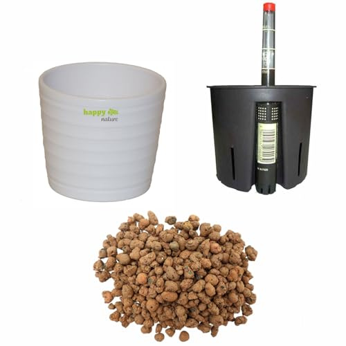 happy nature Set4 4 teilig für Hydrokultur Blumentopf Keramik Maui 13/12 Weiss Ø 16 cm H 13,5 cm + Kulturtopf + Wasserstandsanzeiger + Blähton