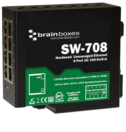 Brainboxes Hardened Indust. Commutateur Ethernet 8p DIN Rail Mountable, SW-708 (Switch DIN Rail Mountable)