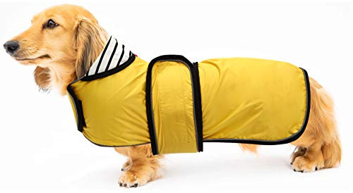 Geyecete Hunde Regenmantel,Einstellbar Wasserdicht Hundejacke für Dackel,Regenmantel mit reflektierenden Trägern,Regenjacken mit Gürtel mit Klettverschluss für Miniaturdackel-Gelb-L