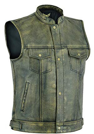 Leatherick Chaleco de motociclista de grano superior para hombre marrón envejecido con botones abiertos para montar y corte de moda de estilo chaleco, estilo SOA (FR/ES, Números, 58, Regular, Regular)
